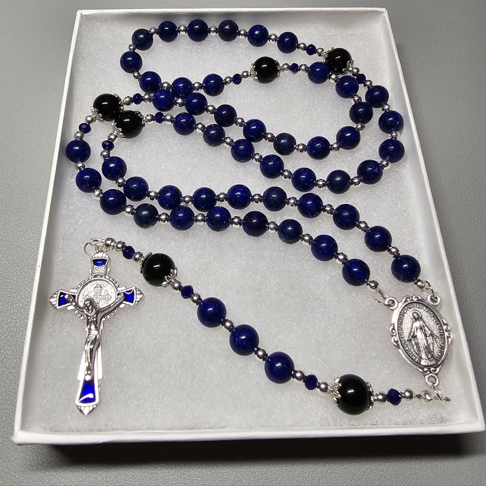 Large One Of A Kind Hand Crafted Rosary Made With Lapis Lazuli And Onyx